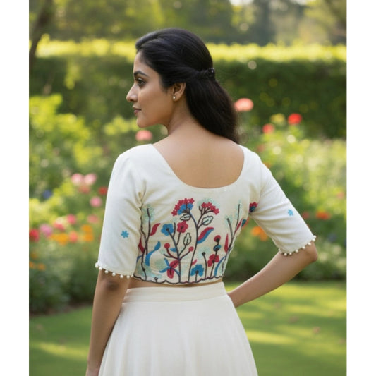 Generic Women's Cambric Cotton Round Neck Padded Blouse (White, 38 Ready Size (Self-Alterable 36–40)