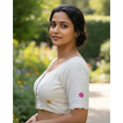 Generic Women's Cambric Cotton Round Neck Padded Blouse (White, 38 Ready Size (Self-Alterable 36–40)