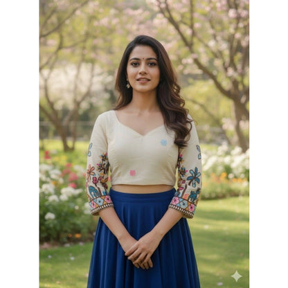 Generic Women's Cambric Cotton Round Neck Padded Blouse (White, 38 Ready Size (Self-Alterable 36–40)