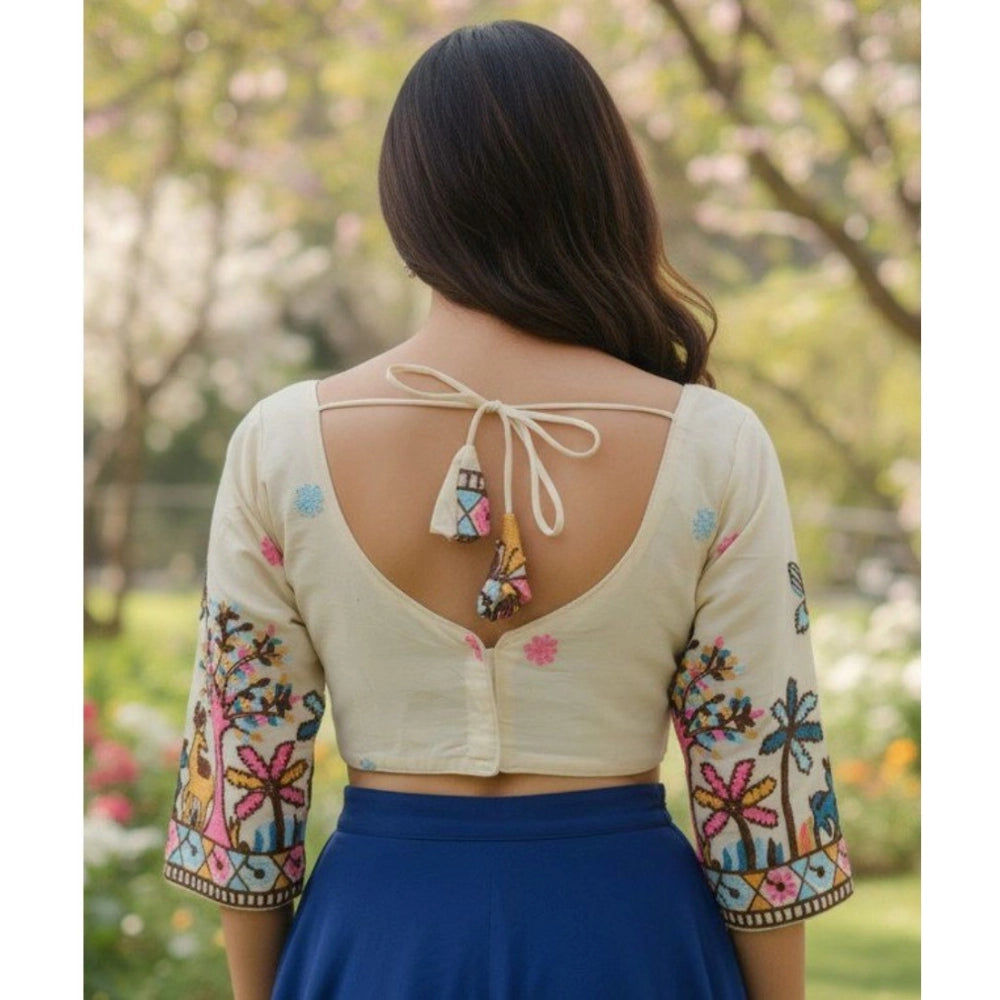 Generic Women's Cambric Cotton Round Neck Padded Blouse (White, 38 Ready Size (Self-Alterable 36–40)