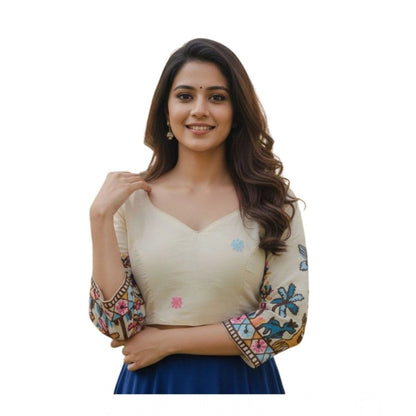 Generic Women's Cambric Cotton Round Neck Padded Blouse (White, 38 Ready Size (Self-Alterable 36–40)