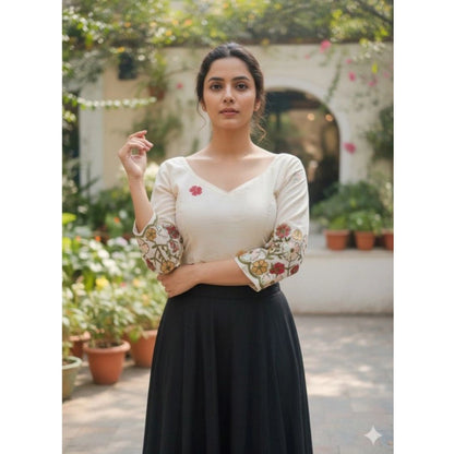 Generic Women's Cambric Cotton Round Neck Padded Blouse (White, 38 Ready Size (Self-Alterable 36–40)