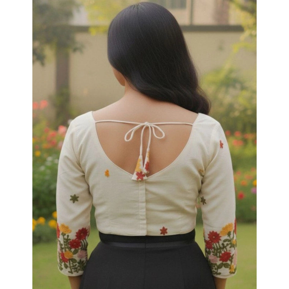 Generic Women's Cambric Cotton Round Neck Padded Blouse (White, 38 Ready Size (Self-Alterable 36–40)