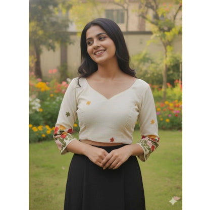 Generic Women's Cambric Cotton Round Neck Padded Blouse (White, 38 Ready Size (Self-Alterable 36–40)