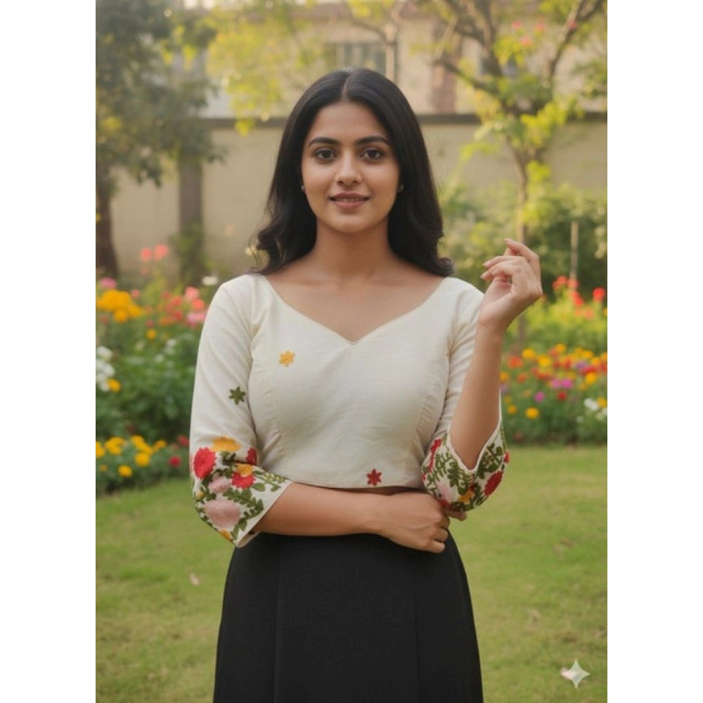 Generic Women's Cambric Cotton Round Neck Padded Blouse (White, 38 Ready Size (Self-Alterable 36–40)