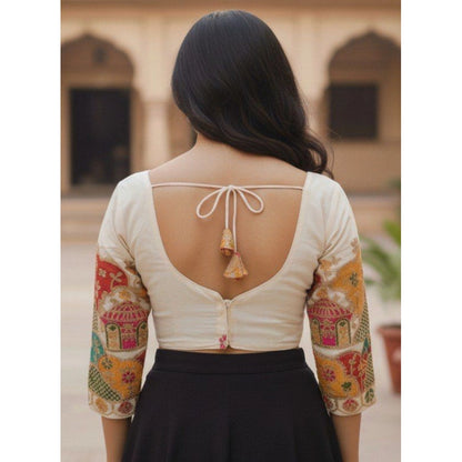 Generic Women's Cambric Cotton Round Neck Padded Blouse (White, 38 Ready Size (Self-Alterable 36–40)