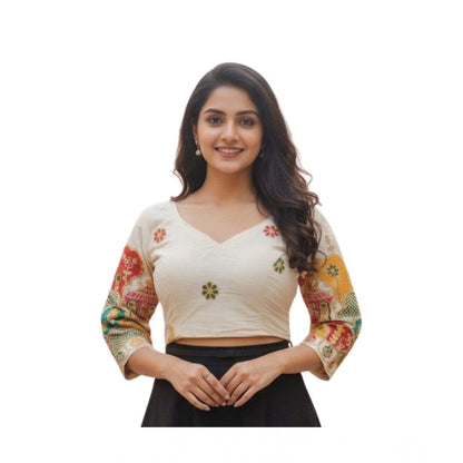 Generic Women's Cambric Cotton Round Neck Padded Blouse (White, 38 Ready Size (Self-Alterable 36–40)