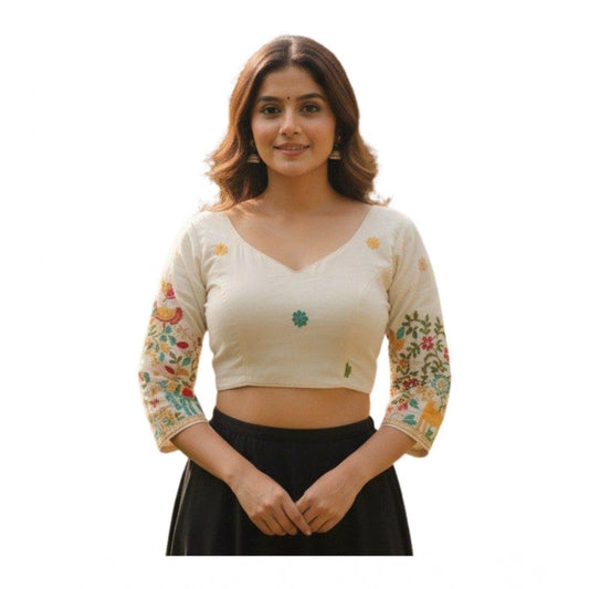 Generic Women's Cambric Cotton Round Neck Padded Blouse (White, 38 Ready Size (Self-Alterable 36–40)