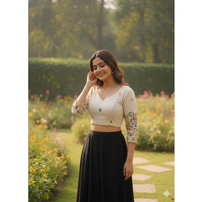 Generic Women's Cambric Cotton Round Neck Padded Blouse (White, 38 Ready Size (Self-Alterable 36–40)