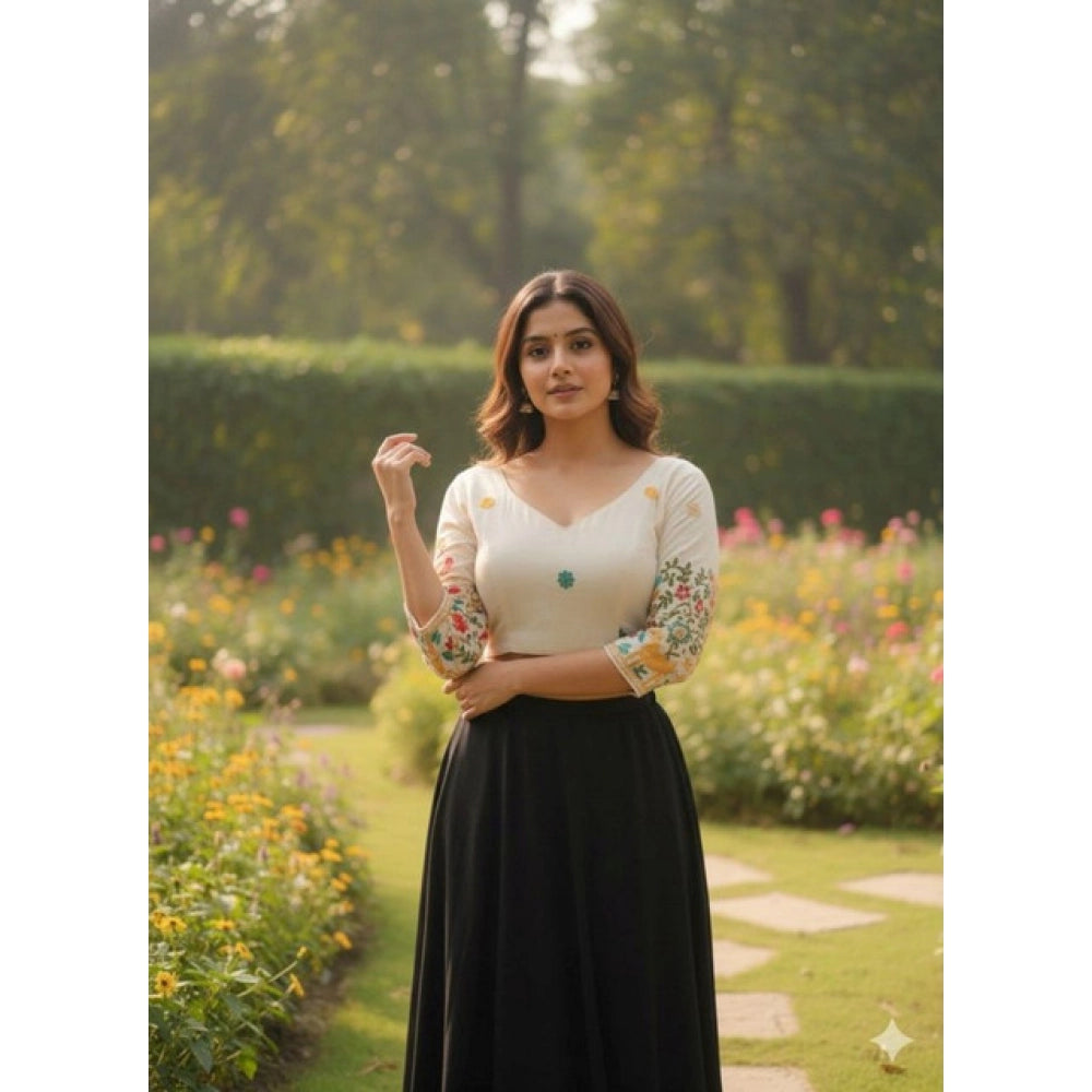 Generic Women's Cambric Cotton Round Neck Padded Blouse (White, 38 Ready Size (Self-Alterable 36–40)