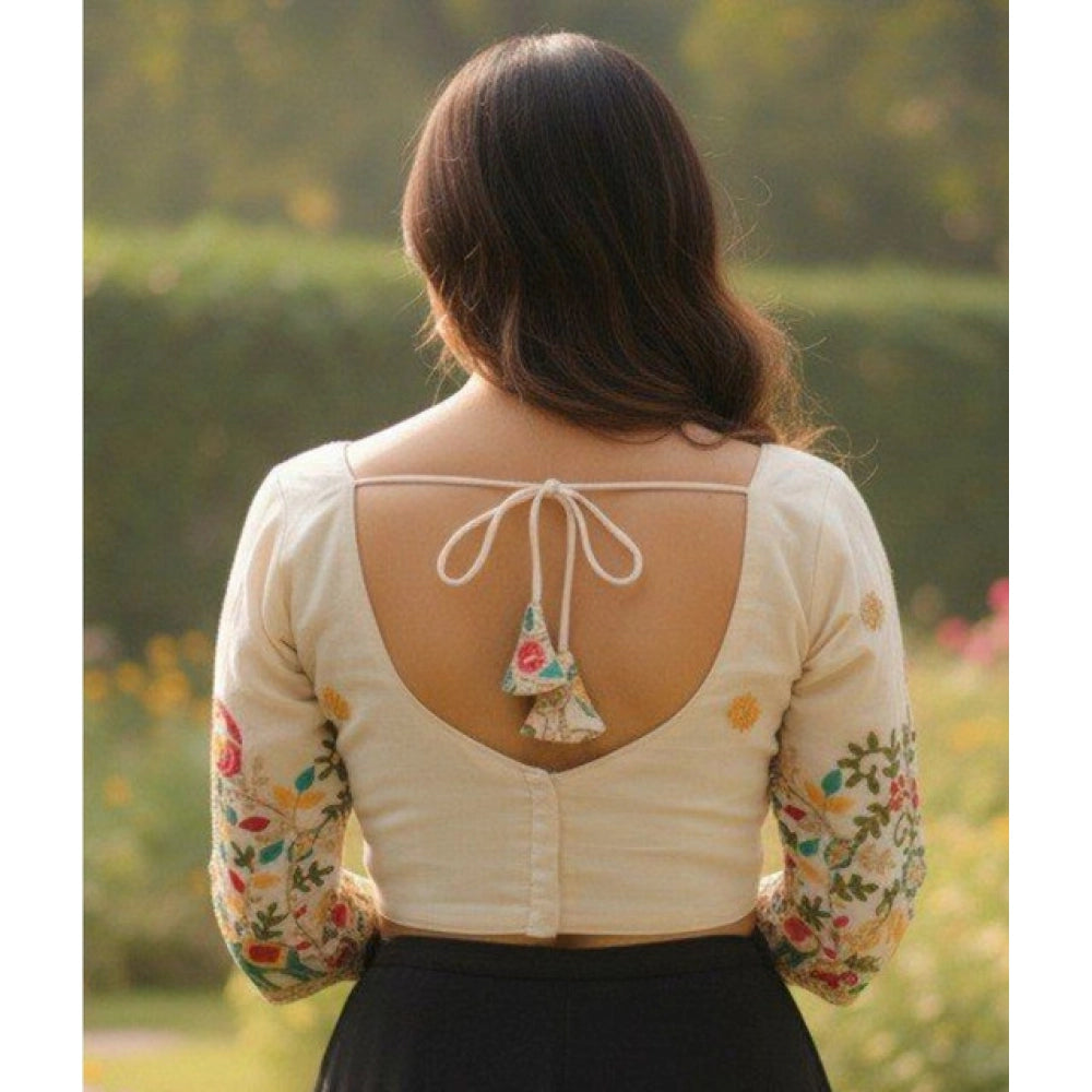 Generic Women's Cambric Cotton Round Neck Padded Blouse (White, 38 Ready Size (Self-Alterable 36–40)