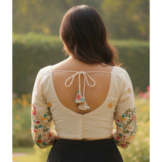 Generic Women's Cambric Cotton Round Neck Padded Blouse (White, 38 Ready Size (Self-Alterable 36–40)