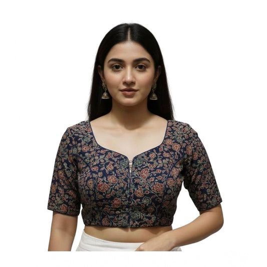 Generic Women's Ajrakh Cotton Round Neck Padded Blouse (Navy, 38 Ready Size (Self-Alterable 36–40)