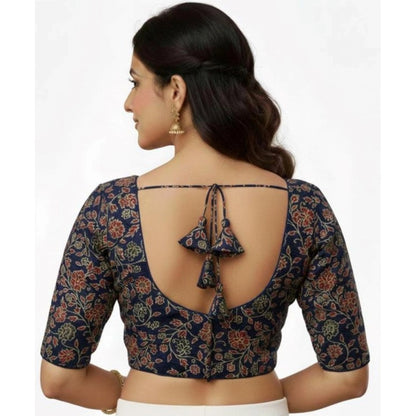 Generic Women's Ajrakh Cotton Round Neck Padded Blouse (Navy, 38 Ready Size (Self-Alterable 36–40)