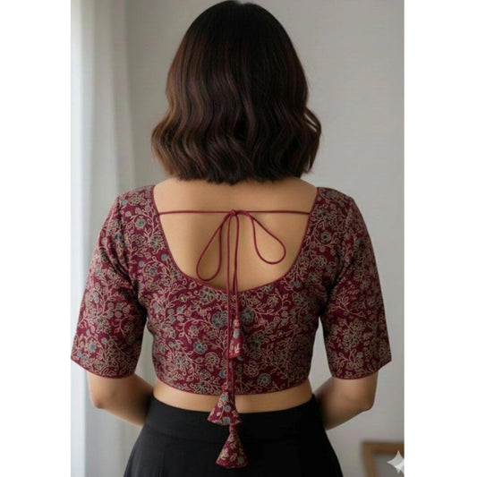 Generic Women's Ajrakh Cotton Round Neck Padded Blouse (Purple, 38 Ready Size (Self-Alterable 36–40)