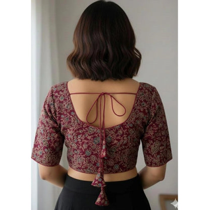 Generic Women's Ajrakh Cotton Round Neck Padded Blouse (Purple, 38 Ready Size (Self-Alterable 36–40)