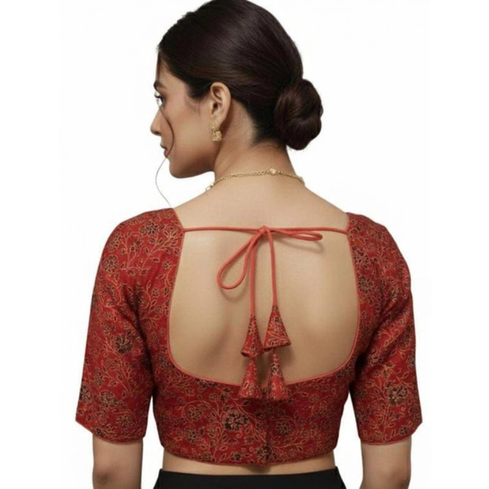 Generic Women's Ajrakh Cotton Round Neck Padded Blouse (Red, 38 Ready Size (Self-Alterable 36–40)
