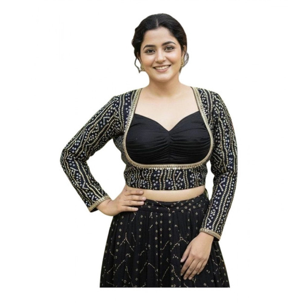Generic Women's Rayon Sabyasachi Style Round Neck Padded Blouse (Black, 38 Ready Size (Self-Alterable 36–40)