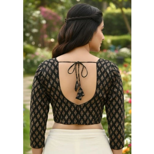 Generic Women's Ajrakh Cotton Halter Neck Padded Blouse (Black, 38 Ready Size (Self-Alterable 36–40)
