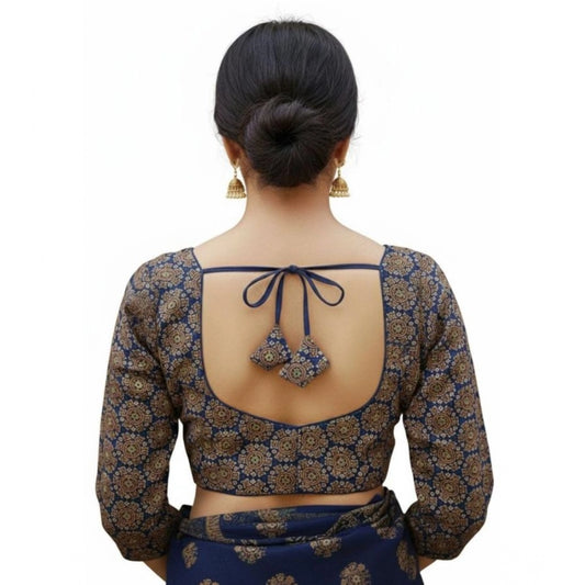 Generic Women's Ajrakh Cotton Halter Neck Padded Blouse (Navy, 38 Ready Size (Self-Alterable 36–40)