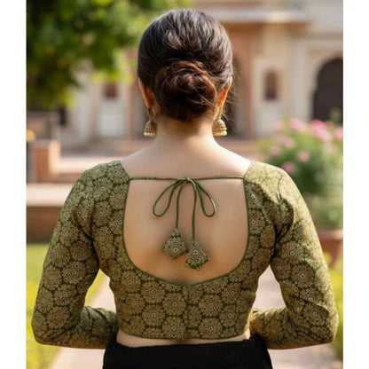 Generic Women's Ajrakh Cotton Halter Neck Padded Blouse (Olive, 38 Ready Size (Self-Alterable 36–40)