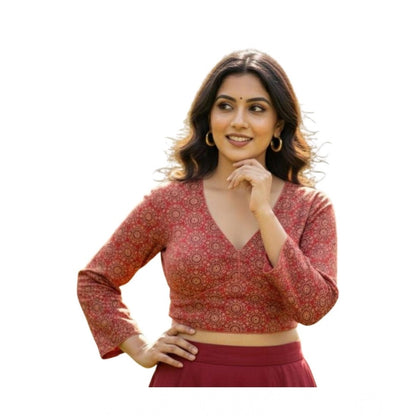 Generic Women's Ajrakh Cotton Halter Neck Padded Blouse (Red, 38 Ready Size (Self-Alterable 36–40)