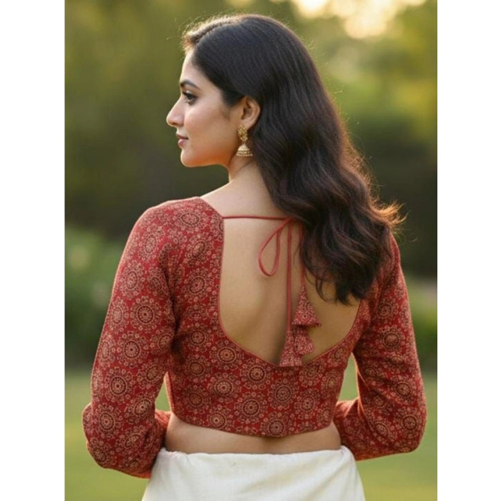Generic Women's Ajrakh Cotton Halter Neck Padded Blouse (Red, 38 Ready Size (Self-Alterable 36–40)