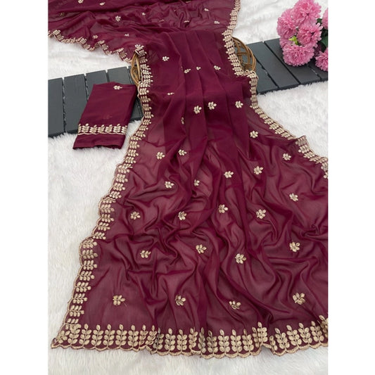 Generic Women's Georgette Embroidered Saree With Unstitched Blouse 5.5Mtr (Red)