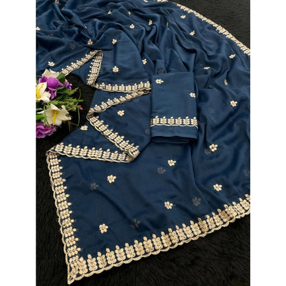 Generic Women's Georgette Embroidered Saree With Unstitched Blouse 5.5Mtr (Blue)