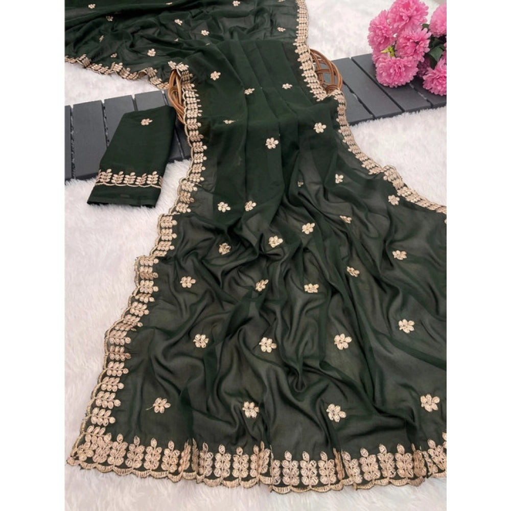 Generic Women's Georgette Embroidered Saree With Unstitched Blouse 5.5Mtr (Green)