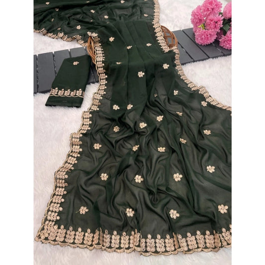 Generic Women's Georgette Embroidered Saree With Unstitched Blouse 5.5Mtr (Green)