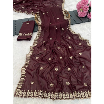 Generic Women's Georgette Embroidered Saree With Unstitched Blouse 5.5Mtr (Maroon)