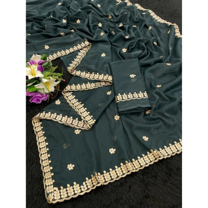 Generic Women's Georgette Embroidered Saree With Unstitched Blouse 5.5Mtr (Teal)
