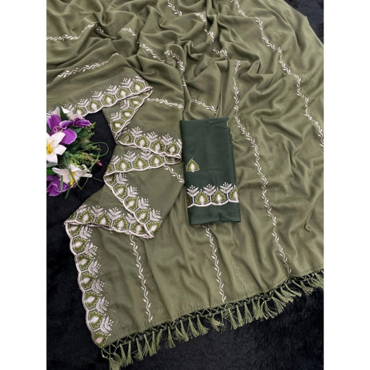 Generic Women's Georgette Embroidered Saree With Unstitched Blouse 5.5Mtr (Mehendi)