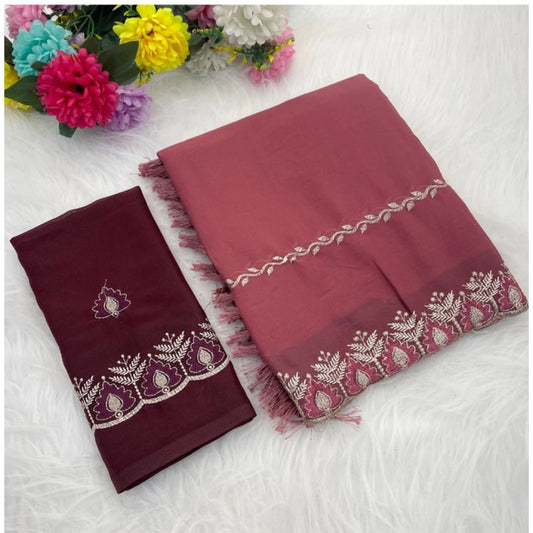 Generic Women's Georgette Embroidered Saree With Unstitched Blouse 5.5Mtr (Red)