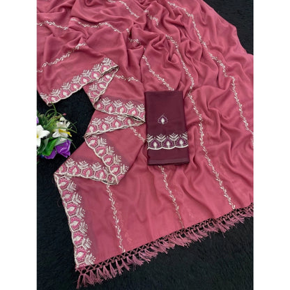 Generic Women's Georgette Embroidered Saree With Unstitched Blouse 5.5Mtr (Red)