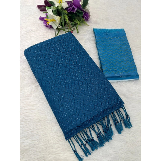 Generic Women's Chiffon Zigzag lines Saree With Unstitched Blouse 5.5Mtr (Blue)