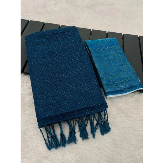 Generic Women's Chiffon Zigzag lines Saree With Unstitched Blouse 5.5Mtr (Blue)