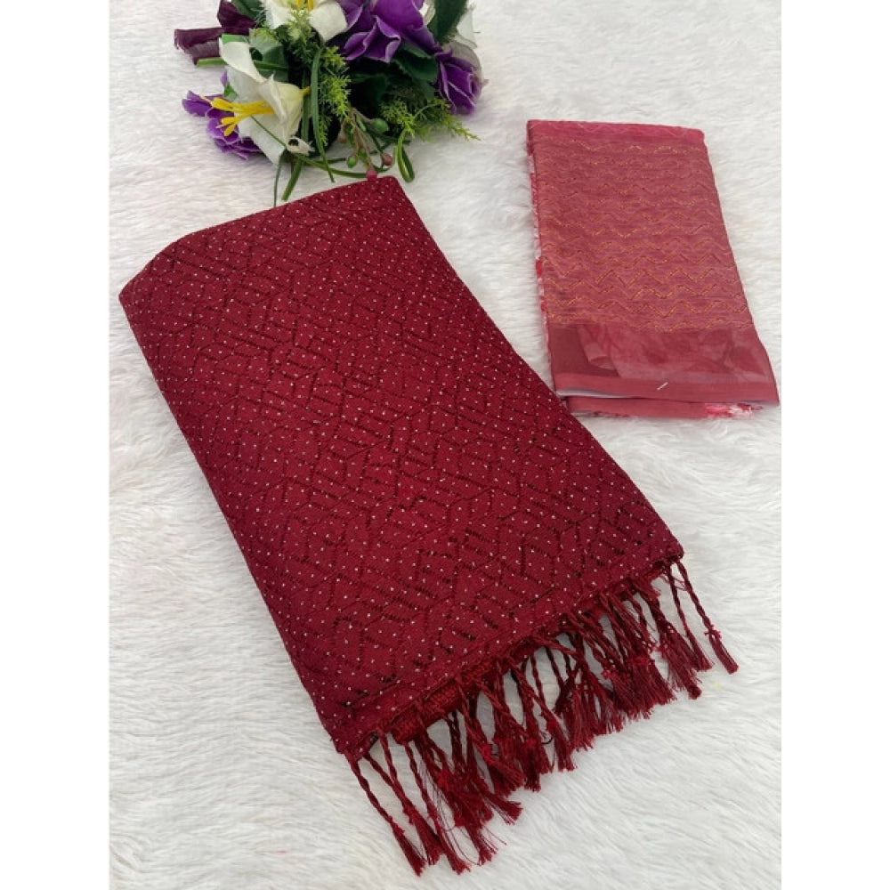 Generic Women's Chiffon Zigzag lines Saree With Unstitched Blouse 5.5Mtr (Maroon)