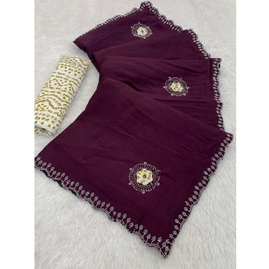 Generic Women's Chiffon Butti Dotted Saree With Unstitched Blouse 5.5Mtr (Wine)