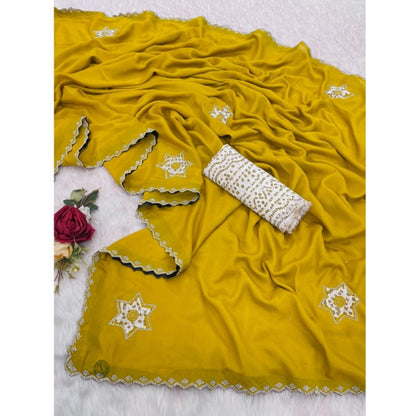 Generic Women's Chiffon Butti Dotted Saree With Unstitched Blouse 5.5Mtr (Yellow)