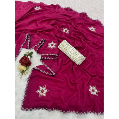 Generic Women's Chiffon Butti Dotted Saree With Unstitched Blouse 5.5Mtr (Pink)