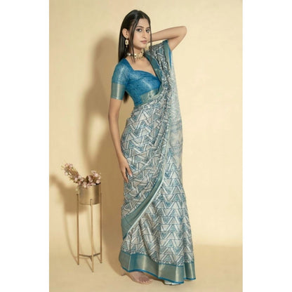 Generic Women's Polyester Printed Saree With Unstitched Blouse 5.5 Mtr (Turquoise)