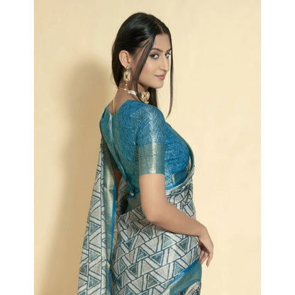 Generic Women's Polyester Printed Saree With Unstitched Blouse 5.5 Mtr (Turquoise)