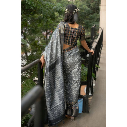 Generic Women's Polyester Printed Saree With Unstitched Blouse 5.5 Mtr (Grey)