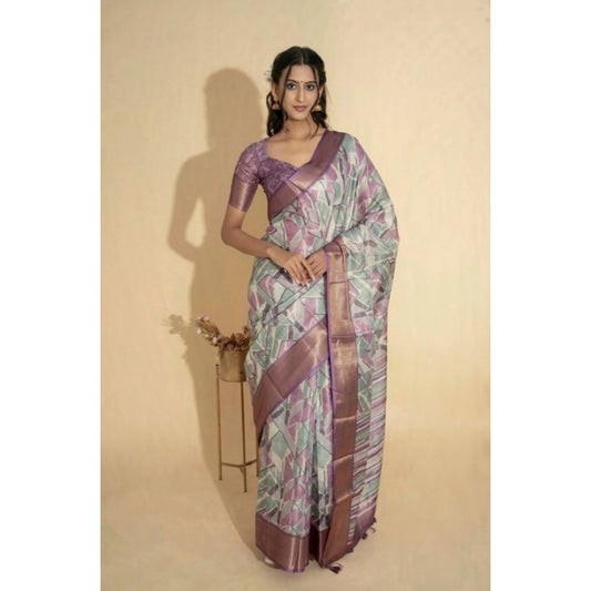 Generic Women's Polyester Printed Saree With Unstitched Blouse 5.5 Mtr (Light Purple)