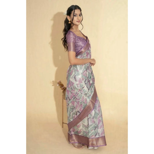 Generic Women's Polyester Printed Saree With Unstitched Blouse 5.5 Mtr (Light Purple)