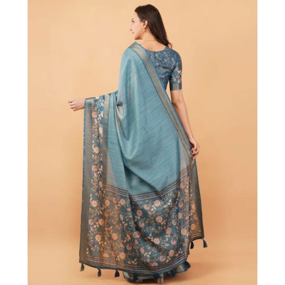 Generic Women's Polyester Printed Saree With Unstitched Blouse 5.5 Mtr (Blue)