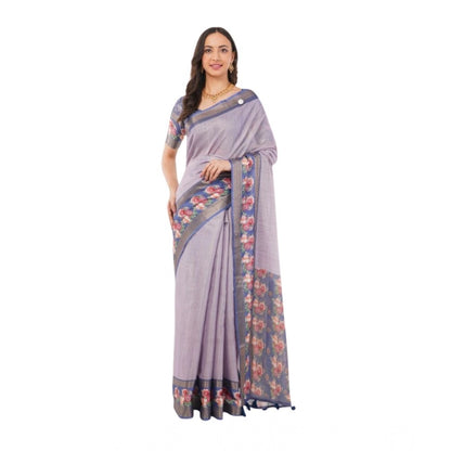 Generic Women's Polyester Printed Saree With Unstitched Blouse 5.5 Mtr (Purple)