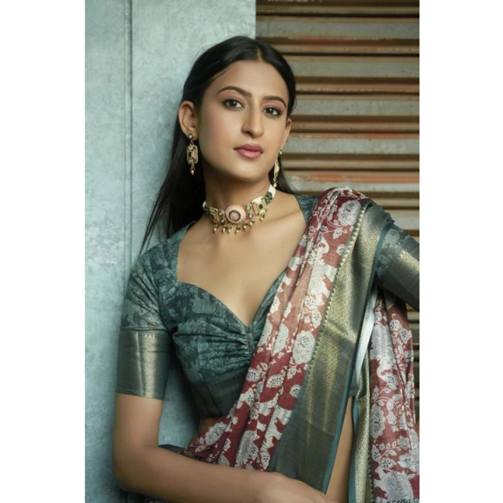 Generic Women's Polyester Printed Saree With Unstitched Blouse 5.5 Mtr (Maroon)